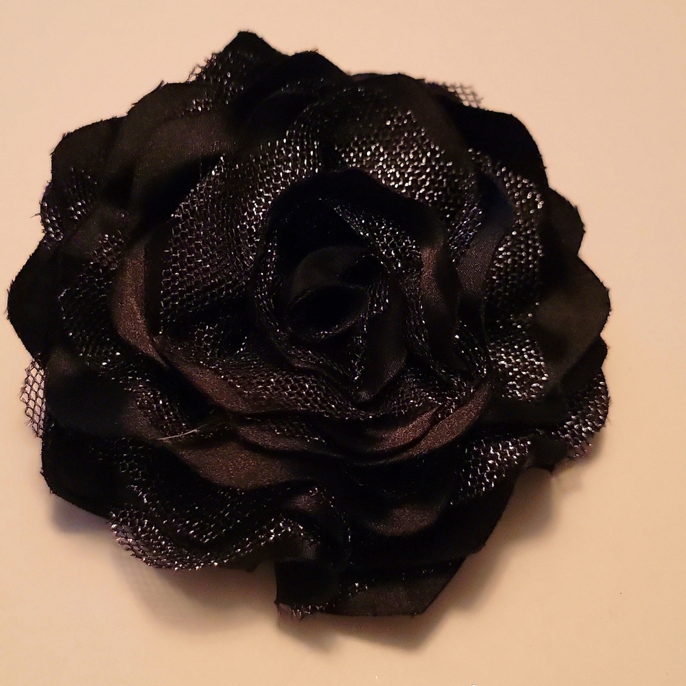 Large Statement Fabric Flower Pin Brooch Hair Clip Black & Silver